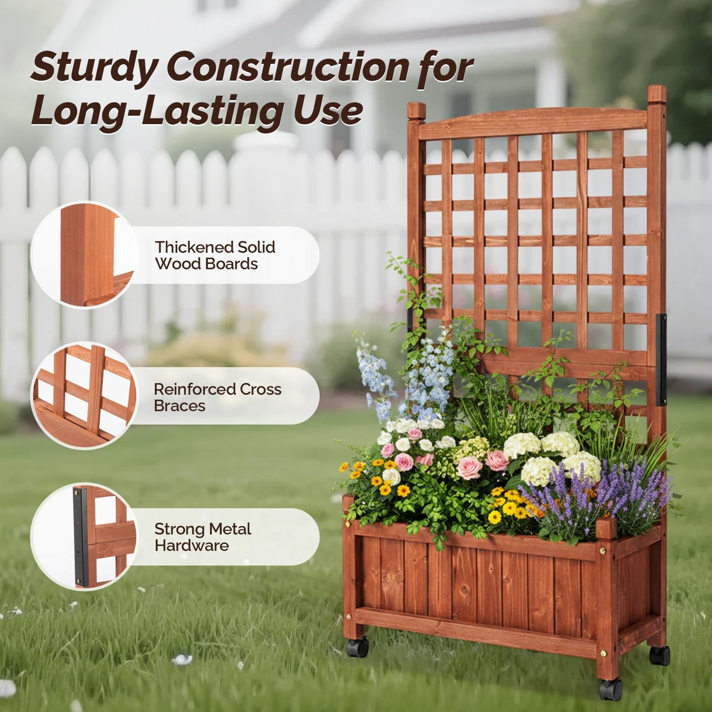 VINGLI 2PC Wooden Planter with Trellis, 50" Height Elevated Garden Beds Outdoor with Wheels, FreeStanding Planter Box with Drainage Holes for Flower, Vegetable, Fruit, Herb in Garden, Patio, Balcony