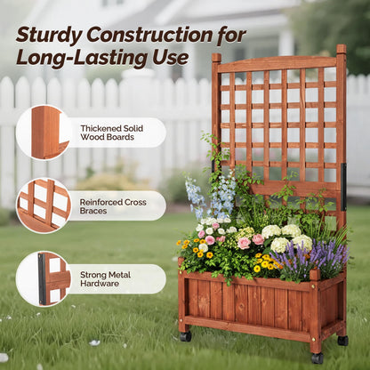 VINGLI 2PC Wooden Planter with Trellis, 50" Height Elevated Garden Beds Outdoor with Wheels, FreeStanding Planter Box with Drainage Holes for Flower, Vegetable, Fruit, Herb in Garden, Patio, Balcony