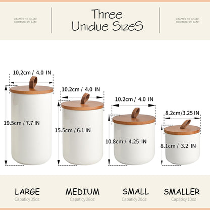 CoorFormer White Ceramic Canister Set with Bamboo Lids, 4-Piece Airtight Food Storage Jars for Kitchen – Flour, Sugar, Coffee, Tea, Spice – Smaller, Small, Medium, Large Sizes