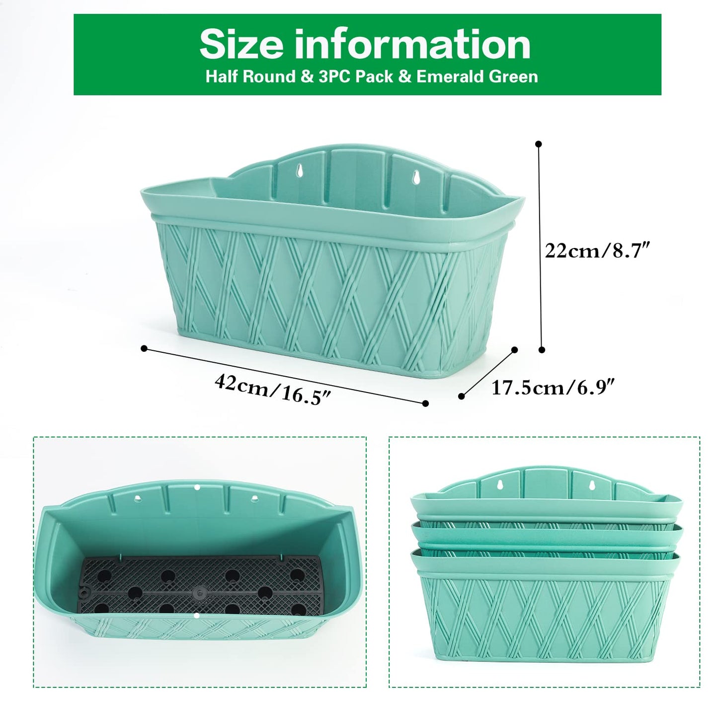 Sungmor 3 Pack Wall Hanging Planters, 16.5 Inch Railing Fence Hanging Flower Pots, Thickened Plastic Water Storage Plant Pot, Indoor Outdoor Garden Balcony Decor, Light Green Large Plant Basket