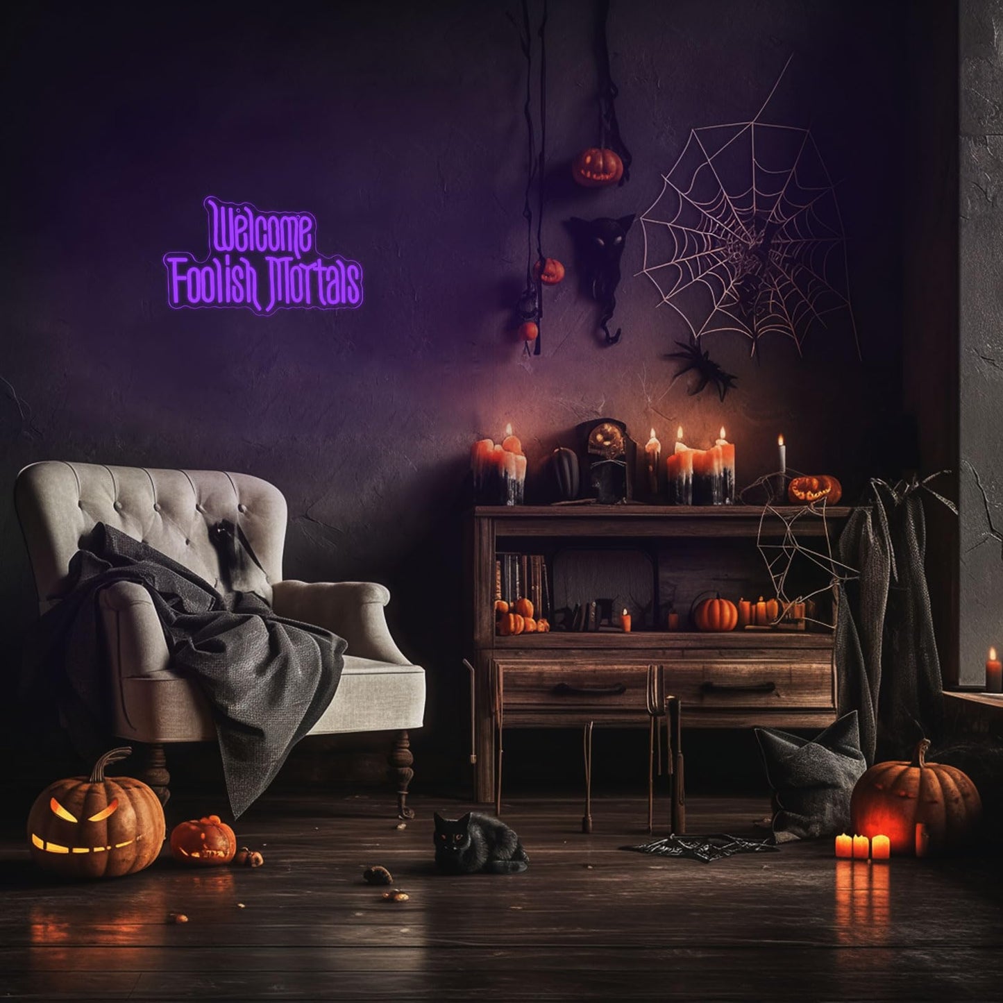 Welcome Foolish Mortals Neon Sign, Anime Fans Neon Light Spooky Gothic Haunted Mansion LED Coffin Decor USB Powered, for Horror Party Haunted House Man Cave Home Room Themed Bars(16.1 * 9.4 In)