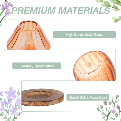 NiHome Mushroom Glass Planter with Wooden Base Set of 4, Cute Indoor Greenery Plant Propagation Stations,High Borosilicate Glass Mushroom Gifts Vases for Flowers,Hydroponics & Home Decor (Brown)