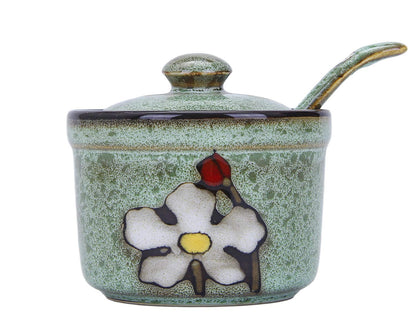 VanEnjoy Retro Hand Painted Flower Ceramic Round Sugar Bowls Spice Containers Porcelain Jar with Spoon Round Condiment