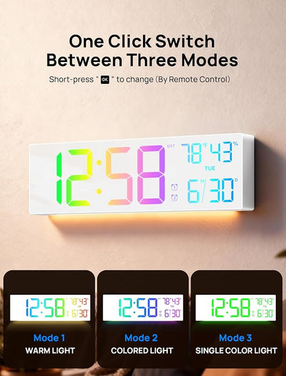 18.5" Large Digital Wall Clock with Remote Control, Big LED Display Digital Clocks with Night Light, Alarm, DST, Temp, Date for Living Room, Bedroom, Office, Classroom, Gifts for Seniors(White)