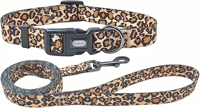 Dog Collar Leash Set, Leopard Pattern, Polyester Material, Adjustable Collar and 5ft Matching Leash, for Small Dogs.(S, Brown Leopard)