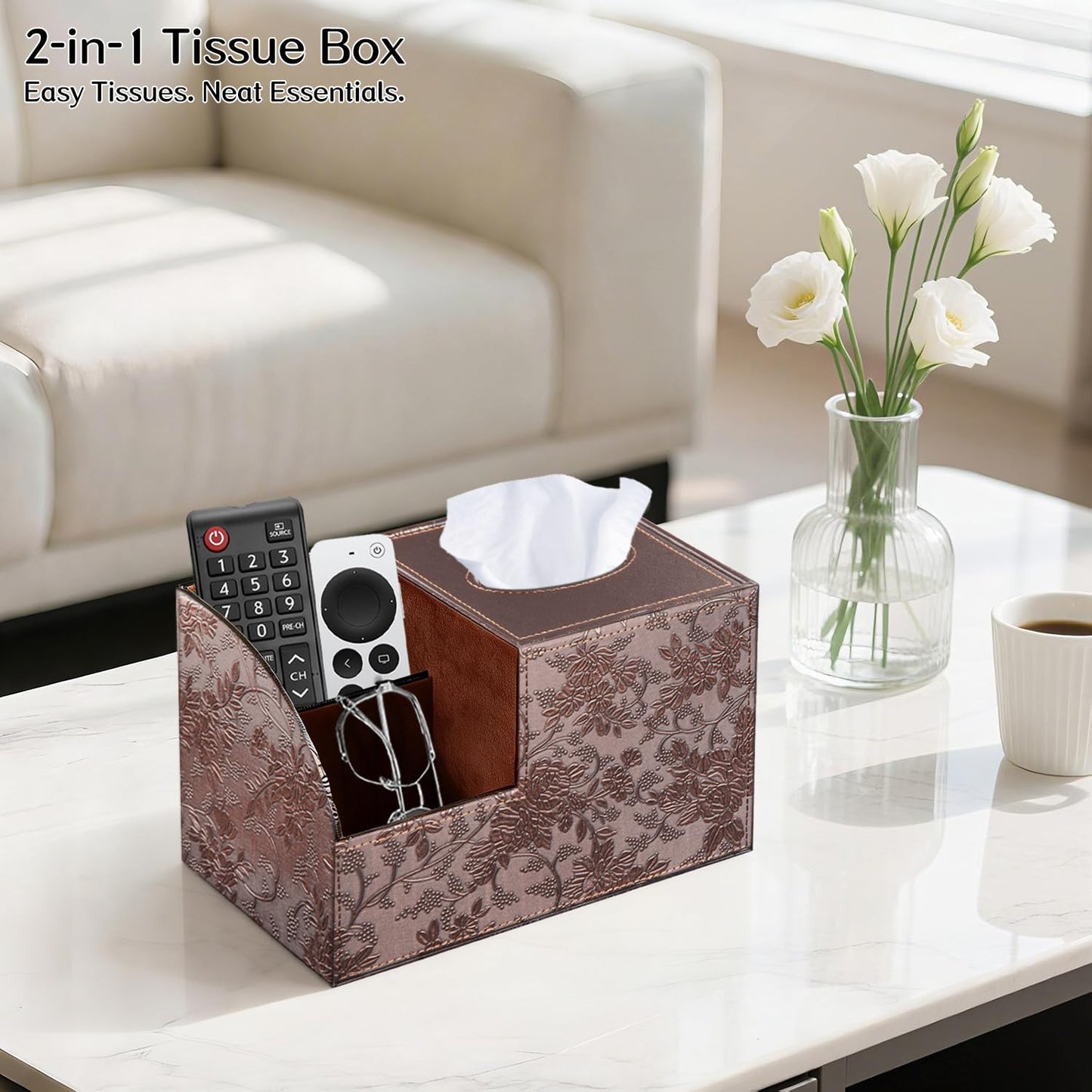 Fanousy Square Tissue Box Cover with Storage, PU Leather Cube Tissue Box Holder, Remote Control Nightstand Organizer, Modern Desk Caddy for End Table, Bathroom, Bedroom, Home, Office Decor