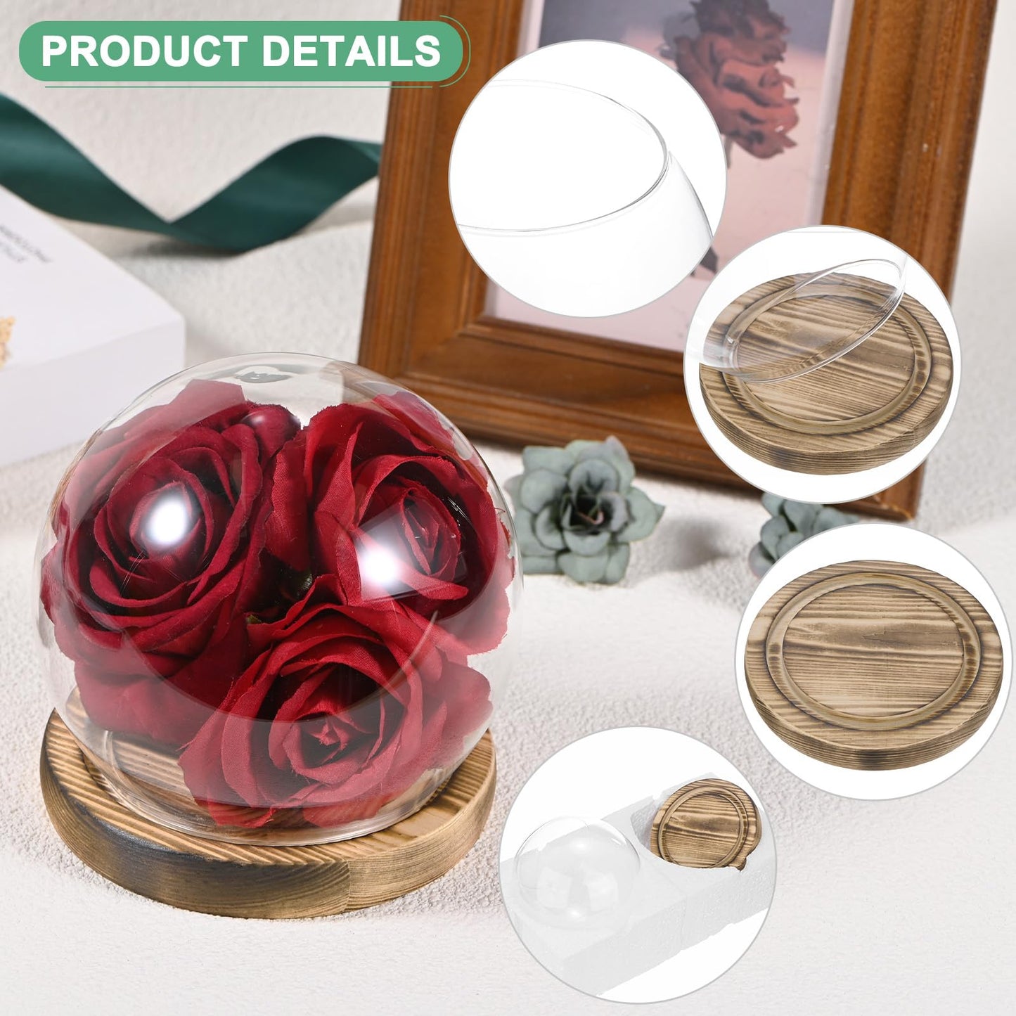 M METERXITY Cloche Glass Dome, D4.7In Ball Jar with Wooden Base for DIY Snow Globes/Small Plants/Flowers/Candles/Models/Souvenirs, Glass Display Case [Burnt]