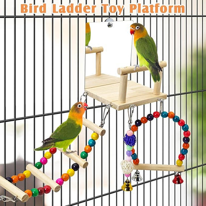BNOSDM Bird Perch Platform with Mirror, Wooden Climbing Ladder for Parakeet, Small Bird Swing Toys with Hanging Chewing Balls Parrot Cage Accessories Budgie Playground for Cockatiel, Lovebird, Conure