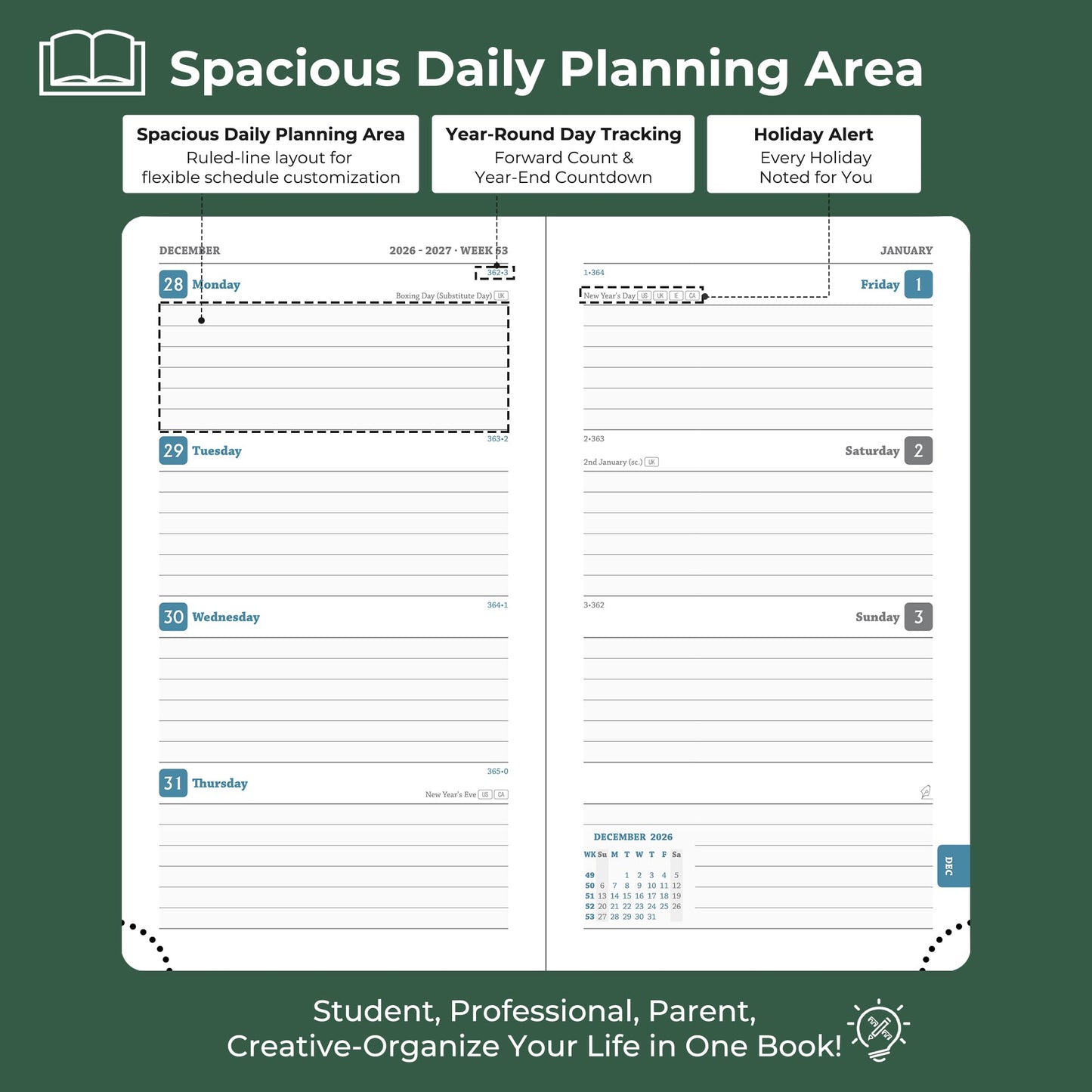 IN-LUXPRO Planner 2026-2027 Daily Weekly and Monthly,6.5"x3.75",18 Months Spiral Bound Calendar Agenda with Self-adhesive Pen Holder,2026 Academic Plan with Vegan Leather Soft Cover,Green