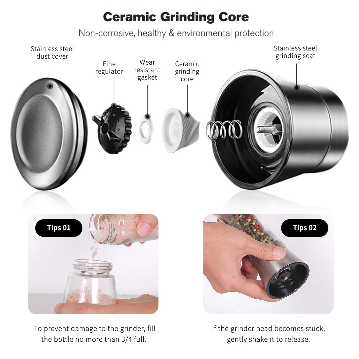 bonris Premium Salt and Pepper Grinder Set with Stand Stainless Steel Manual Spice Adjustable Coarseness with Five Grinding Level Pepper Mill Grinders Shakers Set with Silicone Funnel (Pack of 2)