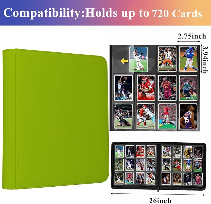 12 Pocket Card Binder, 720 Pockets PU Leather Zipper Trading Card Collection Album, Side-Loading Card Storage Folders for MTG, TCG, Game/Sport Crads (Apple Green, 12 Pockets)