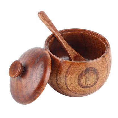 Gsycle Wooden Salt Box with Lid & Spoon, Seasoning Pot Sugar Bowl Wood Salt & Spice Jar Box Salt Keeper, Pepper, Tea Container for Kitchen Countertop Restaurant