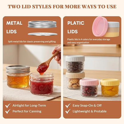 CycleMore 4oz Mason Jars, 12 Pack SunFlower Jar With Silver Separable Lids & Colorful Plastic Lids, Mini Canning Jars for Honey, Jam, Jelly, Wedding Favors, Kitchen Food Storage