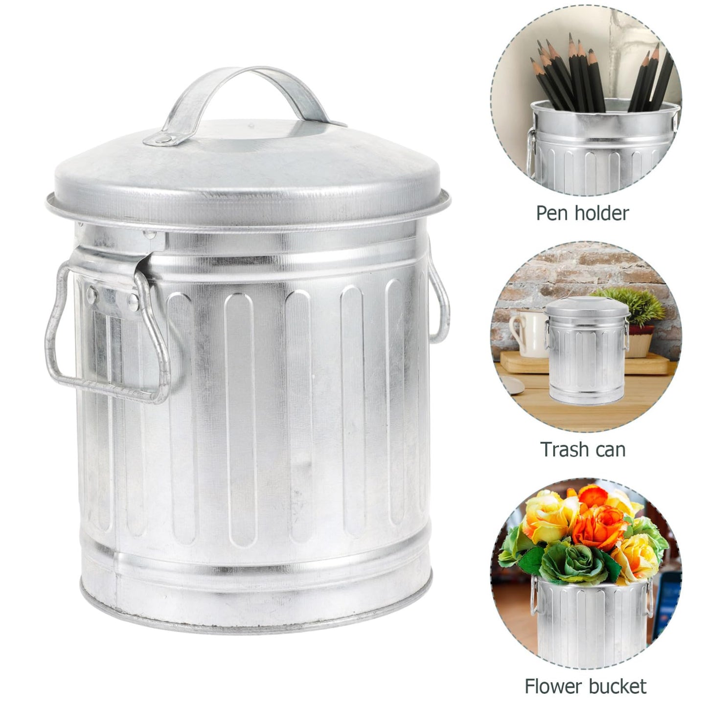 VILLCASE Mini Metal Bucket with Lid, 7.5" x 5" Small Garbage Can Trash Bin with Lid, Desktop Metal Rubbish Bin, Table Top Home Wastebasket for Countertop Office Silver Iron