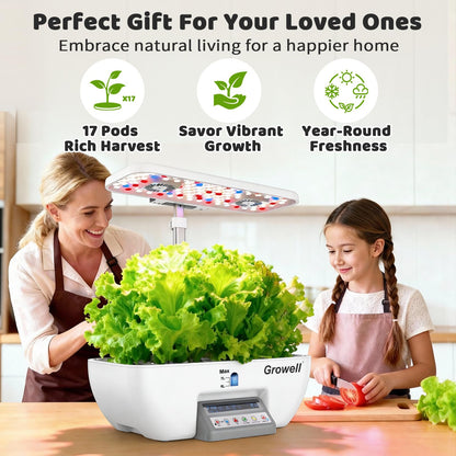 Growell Hydroponics Growing System Kit, 17 Pods Indoor Herb Garden with 2 Fans Circulation, Grow Light, Smart Water Cycle, Auto Timer, 10L Water Tank, Perfect Indoor Gardening System Gifts (White)