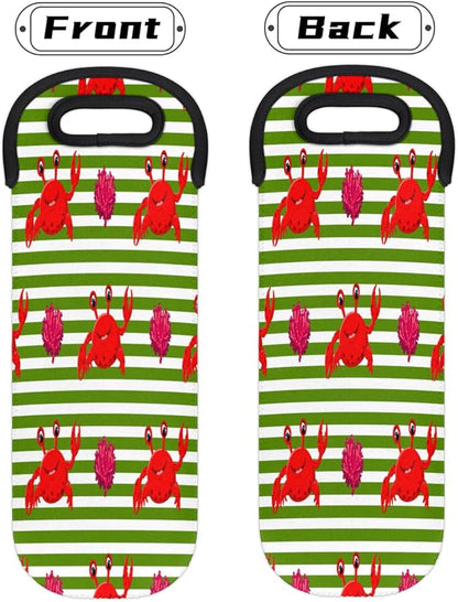 Red Crabs Stripes Wine Bag Single Bottle Wine Tote Bag Neoprene Wine Carrier Bags with Carry Handle Portable Wine Bottle Holder for Travel Party Picnic