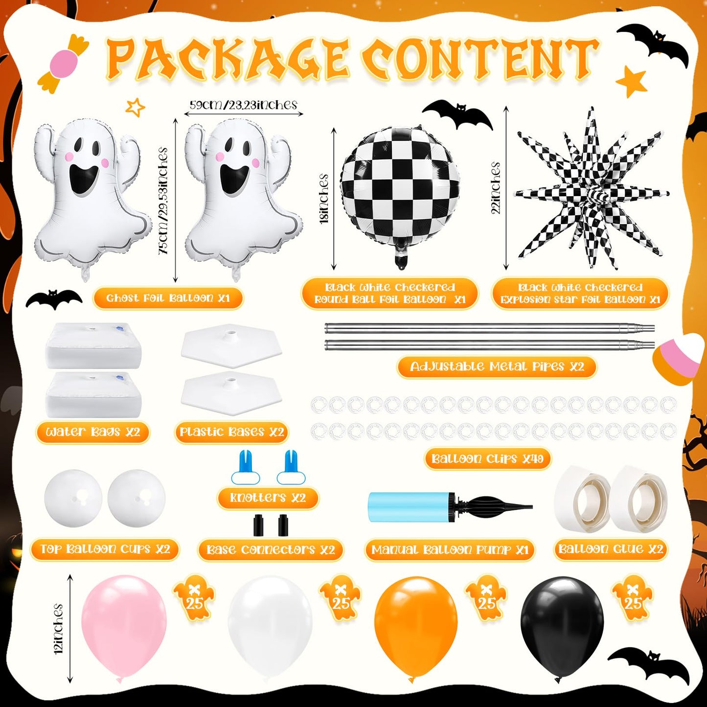 Kasyat 2 Sets Pink and Orange Halloween Balloon Arch Kit with Ghost Black White Checkered Round Ball Explosion Star Foil Balloon Orange Pink Black White Garland for Spooky Theme Party Decoration