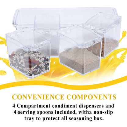 Tobeelec 4 Pcs Clear Seasoning Box with Spoons, 16 Pcs Kitchen Clear Seasoning Rack Spice Pots Spice Storage Containers Condiment, Transparent Spice Jars with Cover for Salt Candy Cruet Sugar