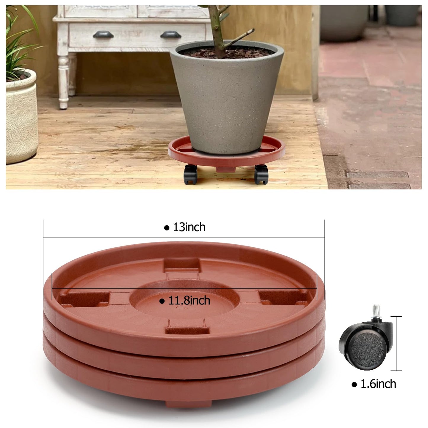 CINDALOG 3 Pack 13 inch Plant Caddy with Wheels Rolling Plant Stands Round Plant Stand Dolly for Outdoor Indoor Heavy Planter, Load Capacity 180 lbs