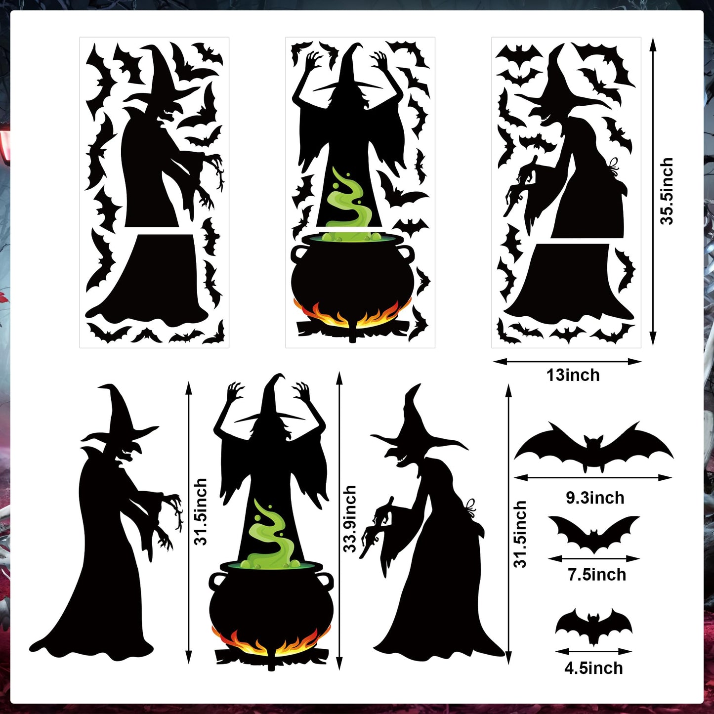 3 Sheets Halloween Witches Window Clings Decor Extra Large Witches with Cauldron Bats Silhouette Double Sided Halloween Window Decals Wicked Witch Windows Stickers for Party School Home Office Glass