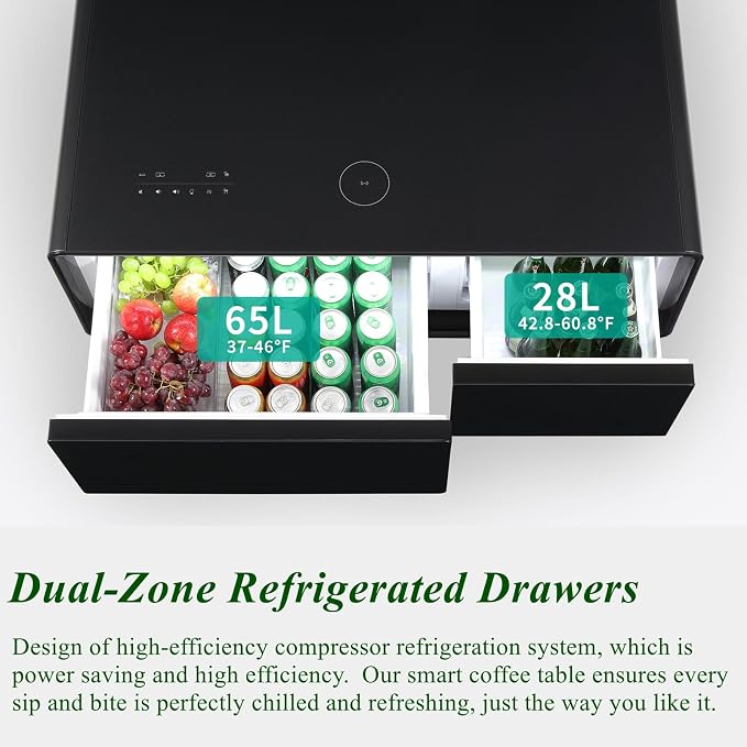 Smart Coffee Table with Fridge and Bluetooth Speakers, Smart Refrigerator Table with 15W Wireless Charger, Touch Control Panel, USB Port, Atmosphere Light and More, LT90 Pro-Black