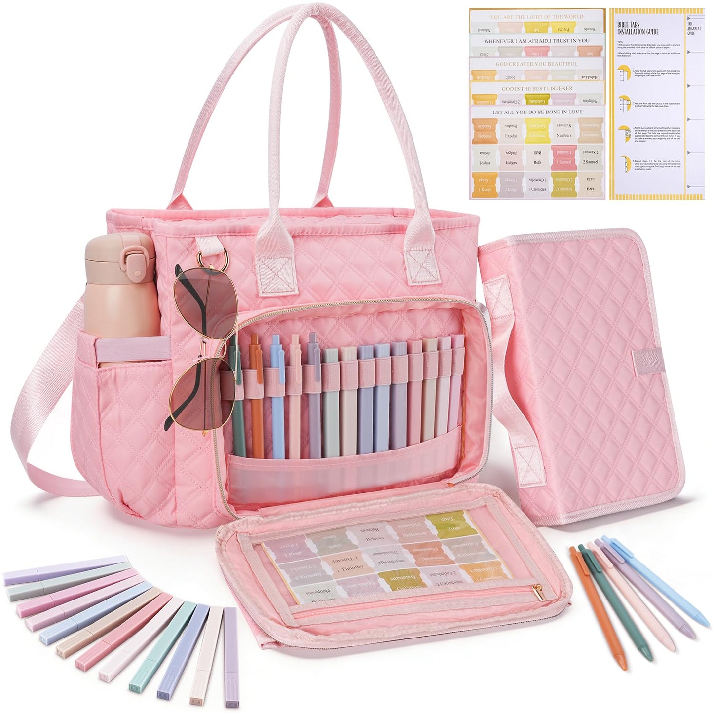 KOPKOFT Large Bible Cover Case for Women, Quilted Church Tote Bag with Shoulder Strap, Bible Study Supplies Journaling Kit Bible Accessories, Christmas Christian Gift for Women (Pink)