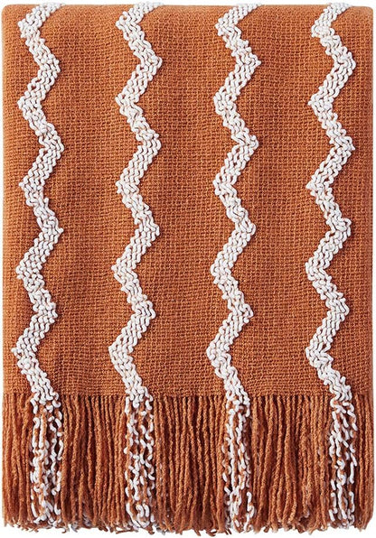 BOURINA Fluffy Chenille Knitted Fringe Throw Blanket Lightweight Soft Cozy for Bed Sofa Chair Throw Blankets, Orange 60"x80"