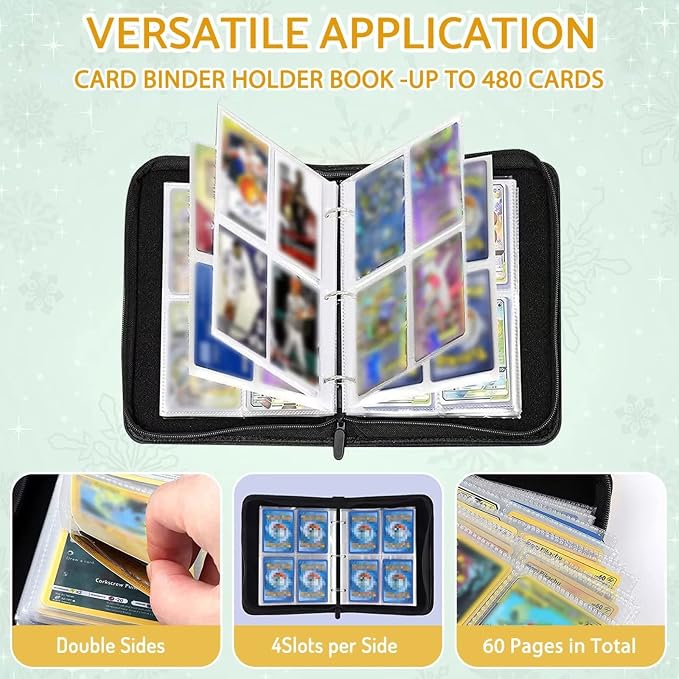 Football Card Binder Holder 480 Pockets with 60 Removable Sleeves, Portable Sports Trading Standard Sized Cards Binder Album Collector Organizer Protectors with Zipper,Waterproof