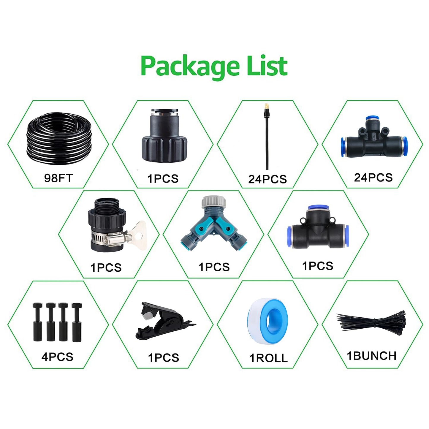 100FT Drip Irrigation Kit, Automatic Garden Watering System with Tool-Free Quick Connectors, 360° Bending Drippers & Copper Misting Nozzles for Greenhouse, Patio, Lawn & Vegetable Garden. (30M)