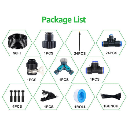 100FT Drip Irrigation Kit, Automatic Garden Watering System with Tool-Free Quick Connectors, 360° Bending Drippers & Copper Misting Nozzles for Greenhouse, Patio, Lawn & Vegetable Garden. (30M)
