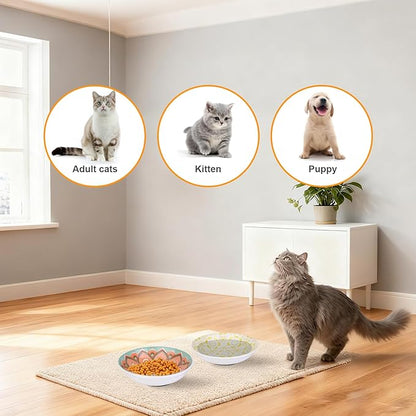 HAPPY KIT Ceramic Cat Food Bowl Set of 2, 5.75 inch Wide Shallow Cat Bowls/Dishes for Indoor, with Non-Slip Silicone Bottom, Whisker Friendly