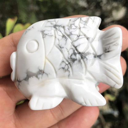 favoramulet 2 Inches White Howlite Turquoise Stone Dancing Fish Statue, Hand Carved Healing Crystal Figurine Decoration Sulpture, Fengshui Wealth and Luck
