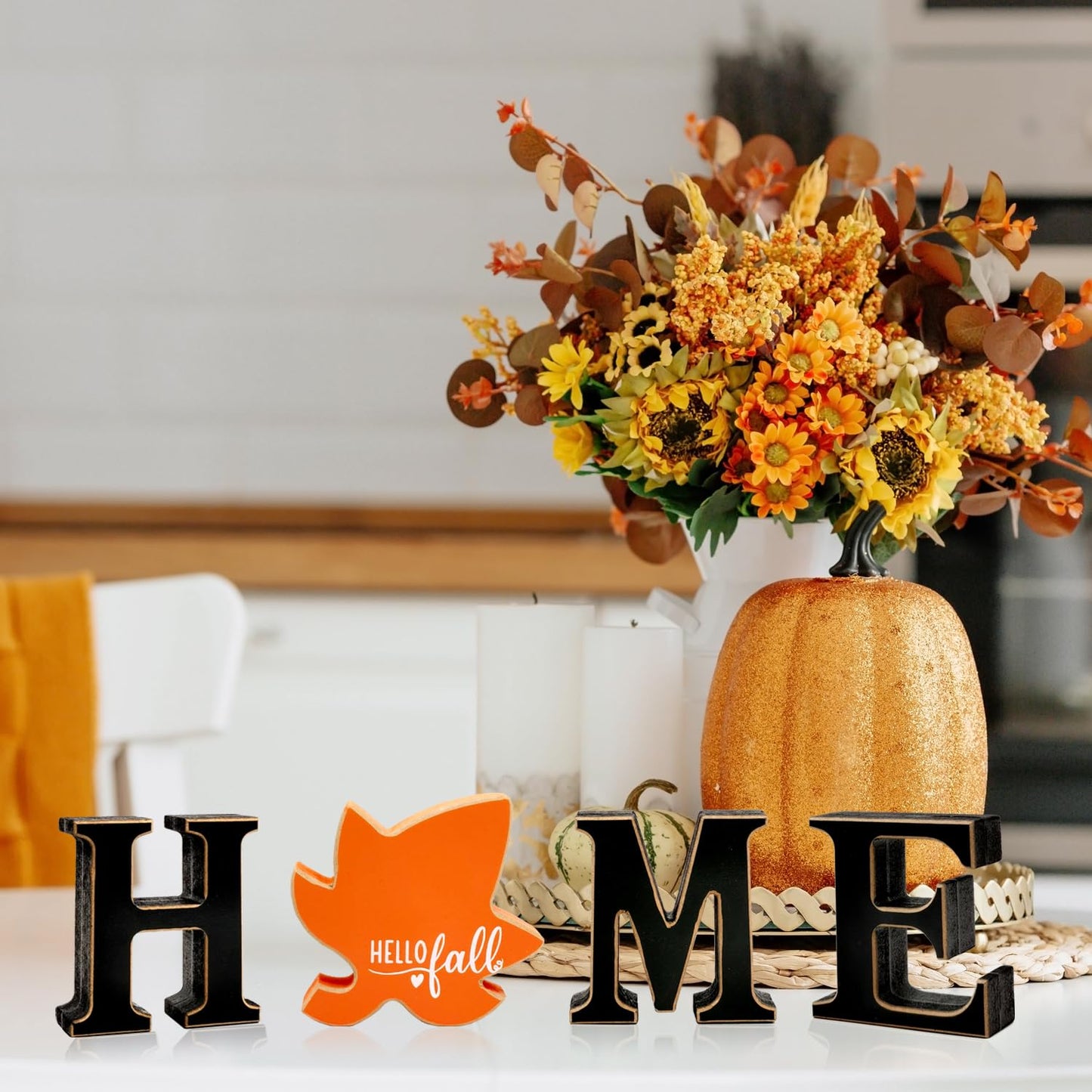 Interchangeable Home Table Signs with 11Pcs Seasonal Icons, Wooden "HOME" Letter Signs Interchangeable Holiday Decorative Table Shelf Centerpiece for Holiday Room Decoration