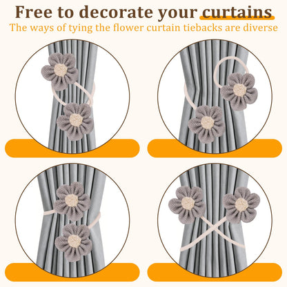 GDFYMI 4 Pack Flower Curtain Tiebacks, Rope Curtain Tiebacks Boho Style, Simple Elegant DIY Curtain Holdbacks, Curtain Tie Backs for Home Office Bedroom Nursery Farmhouse Decor (Grey)