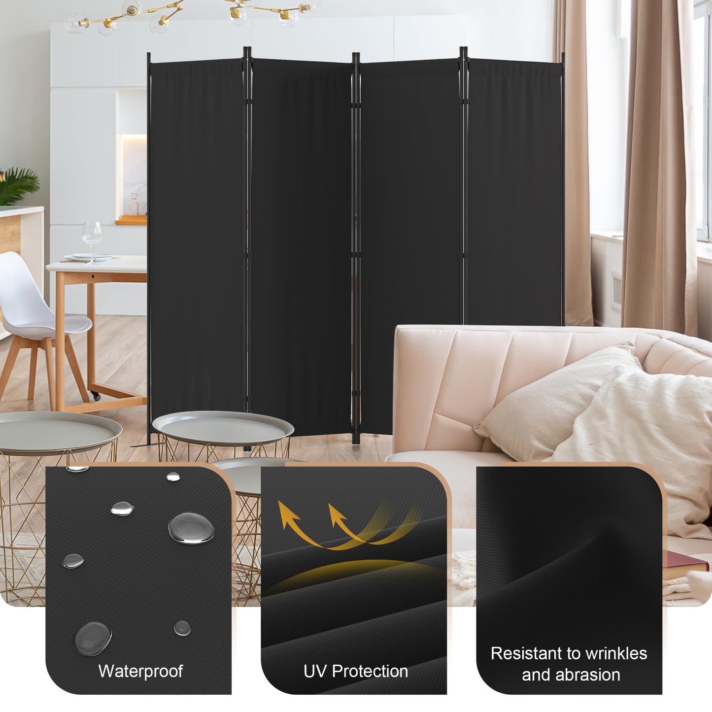 Room Divider, 4 Panel Folding Privacy Screen, 88” Portable Separating with 3 Metal Feet, Partition Room Dividers, Lightweight Freestanding Wall Divider Screen for Office Bedroom Hospital(Black)