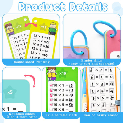 Anemeeoke 1-12 Multiplication Flash Cards, Large Math Table Flashcards, Including 15 Cards, 2 Dry Erase Markers, 1 Rings, Educational Times Table Flashcards for Classroom Home, for 1st to 3rd Grades