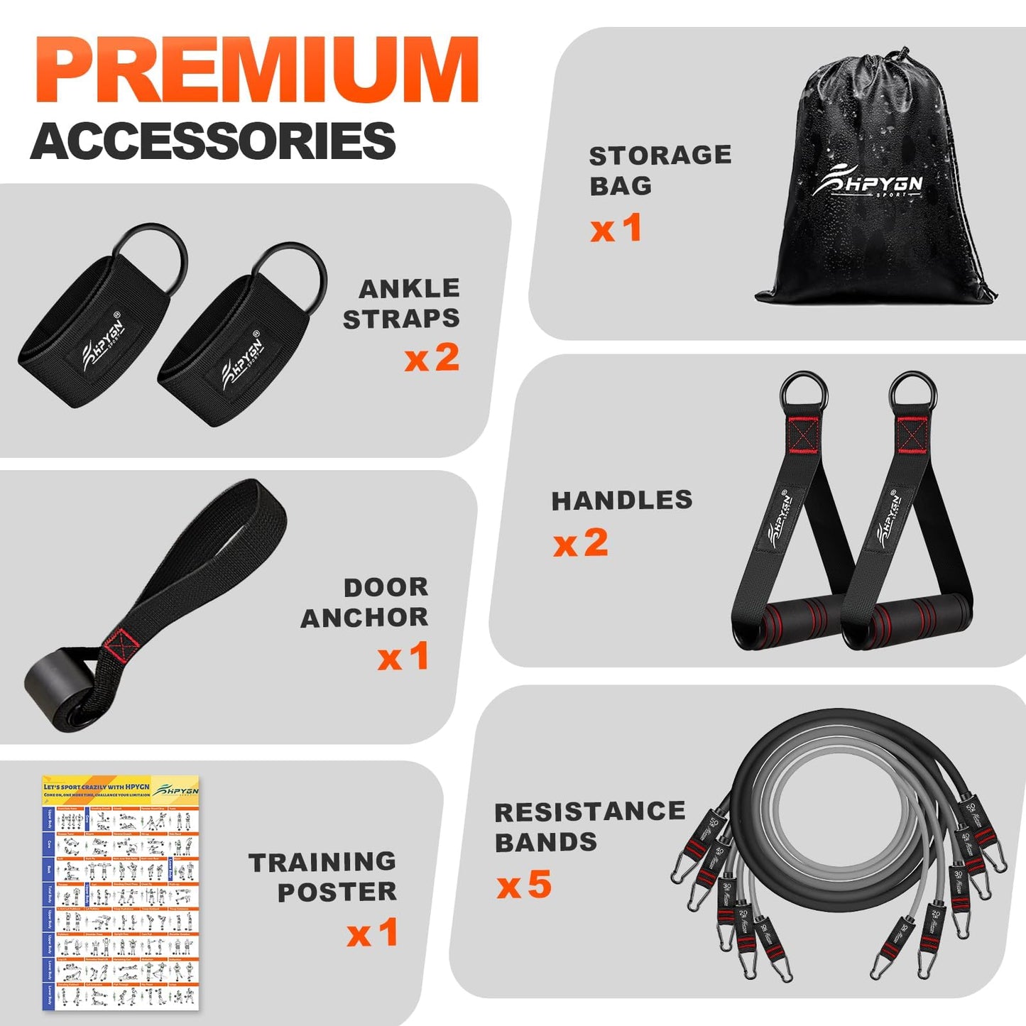HPYGN Resistance Band, Exercise Bands with Handles, Workout Bands, Fitness Bands with Door Anchor and Ankle Straps, for Heavy Resistance Training, Physical Therapy, Shape Body, Yoga, Home Workouts Set