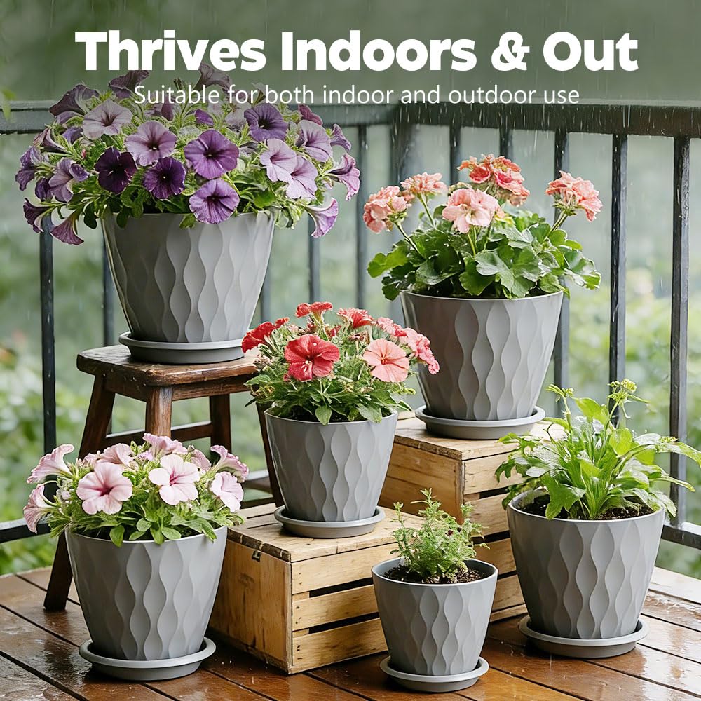 KEETUMOOD Plant Pots, Self Watering Planters with Drainage Holes and Trays, Flower Pots for Indoor Outdoor - 6 Pack(4/5/6/6.5/7/8 Inch) (Gray)
