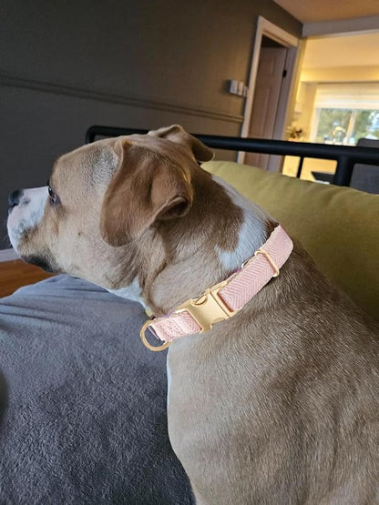 Soft Cotton Hemp Dog Collar with Metal Buckle Adjustable Twilled Dog Collars for Female Small Medium Large Dogs(Pink,Large)