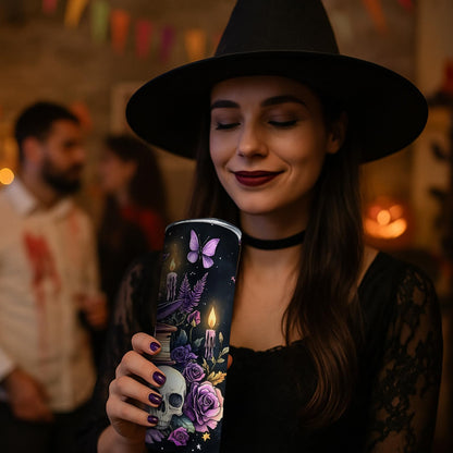 Halloween Witchy Magic 20oz Skinny Tumbler, Gothic Floral Stainless Steel Insulated Travel Mug with Lid, Purple Witch Hat Skull and Book Design, Spooky Gift for Mom Wife Sister Friends