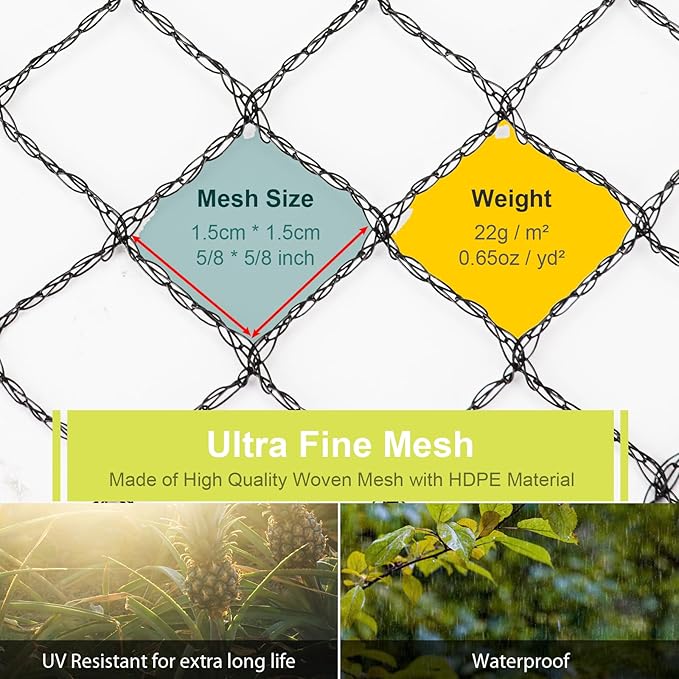 Bird Netting for Garden - 7.5 x 65 FT Heavy Duty Anti Bird Netting Mesh with Ties and Landscape Staples for Vegetable, Fruit Trees & Other Plants, Lasting Against Birds Deer Squirrels and Poultry