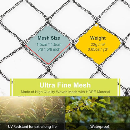 Bird Netting for Garden, 7.5 x 98 FT Heavy Duty Anti Bird Netting Mesh with Ties and Landscape Staples for Vegetable, Fruit Trees & Other Plants, Lasting Against Birds Deer Squirrels and Poultry