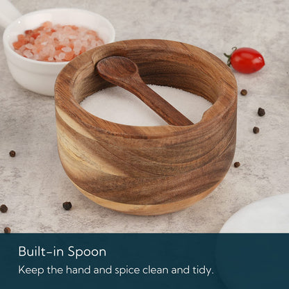 KITCHENDAO Marble Lid Acacia Salt Cellar Box Bowl with Built-in Spoon and Swivel Magnetic Lid Acacia Salt Cellar Box with Built-in Spoon