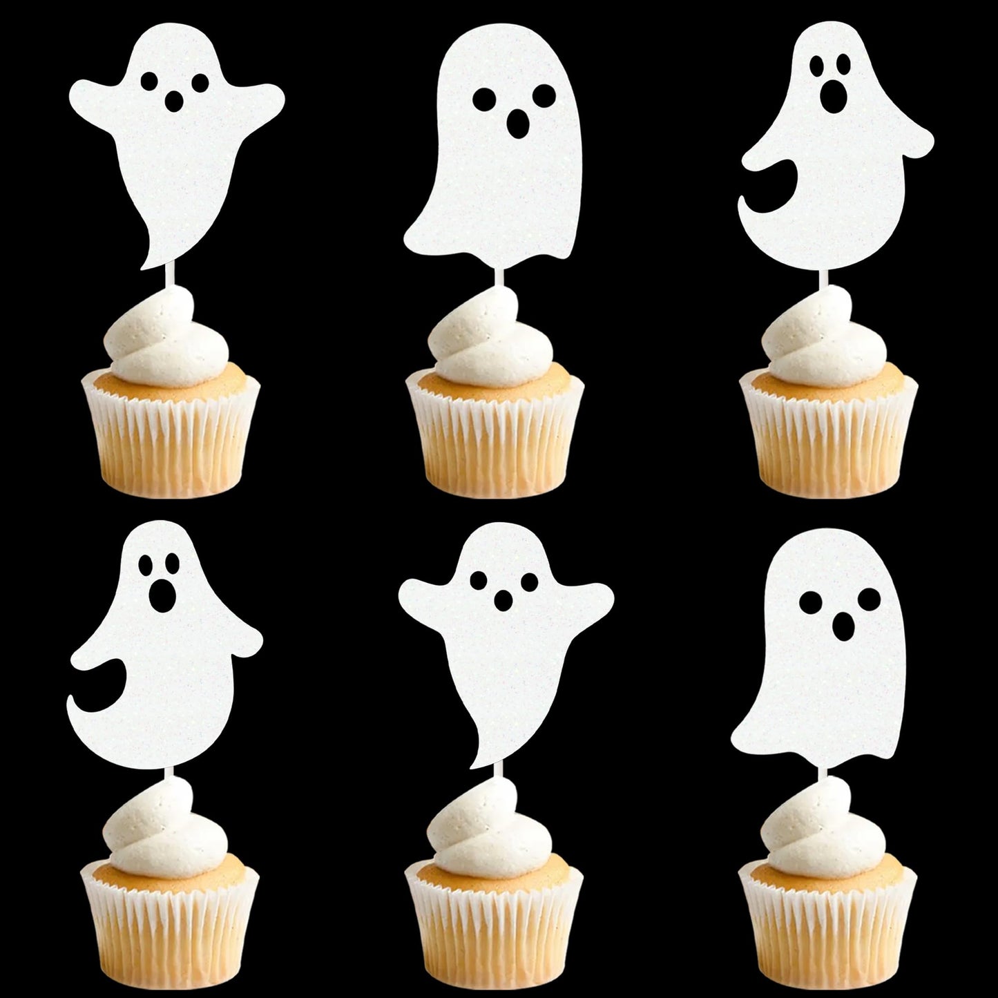 Halloween White Glitter Ghost Cupcake Toppers 24PCS Ghosts Baby Shower Cake Decorations Cute Ghost Cake Toppers for Happy Halloween Birthday Party Baby Shower Supplies