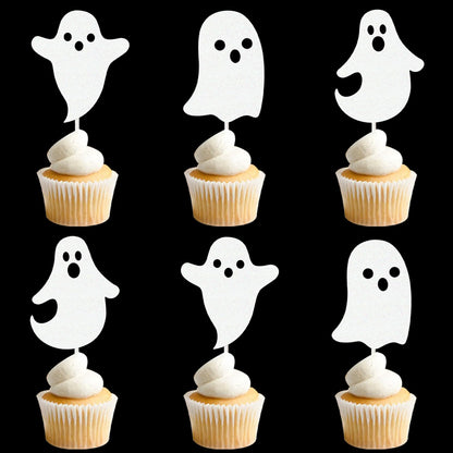 Halloween White Glitter Ghost Cupcake Toppers 24PCS Ghosts Baby Shower Cake Decorations Cute Ghost Cake Toppers for Happy Halloween Birthday Party Baby Shower Supplies