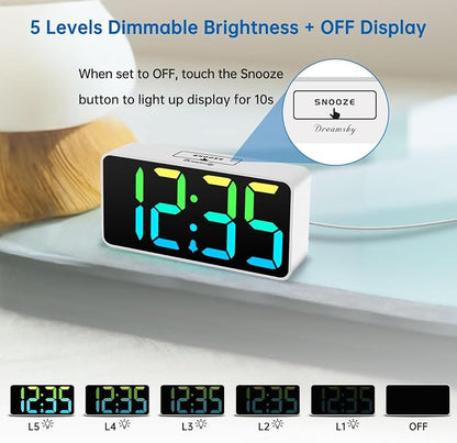 DreamSky Small Digital Alarm Clock for Bedroom, RGB Desk Clock for Kid Girl | Electric Clock with Large Numbers for Bedside Nightstand, Dimmer, Adjustable Alarm Volume, USB Port, USB-C Adapter Powered
