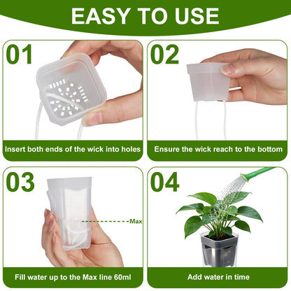 24 Pack 2" Small Self Watering Pots for Indoor Plants Mini Clear Plastic Planters with Water Level and Drainage Holes with Plant Labels and Wick Cord for Succulents, Propagation, and African Violet