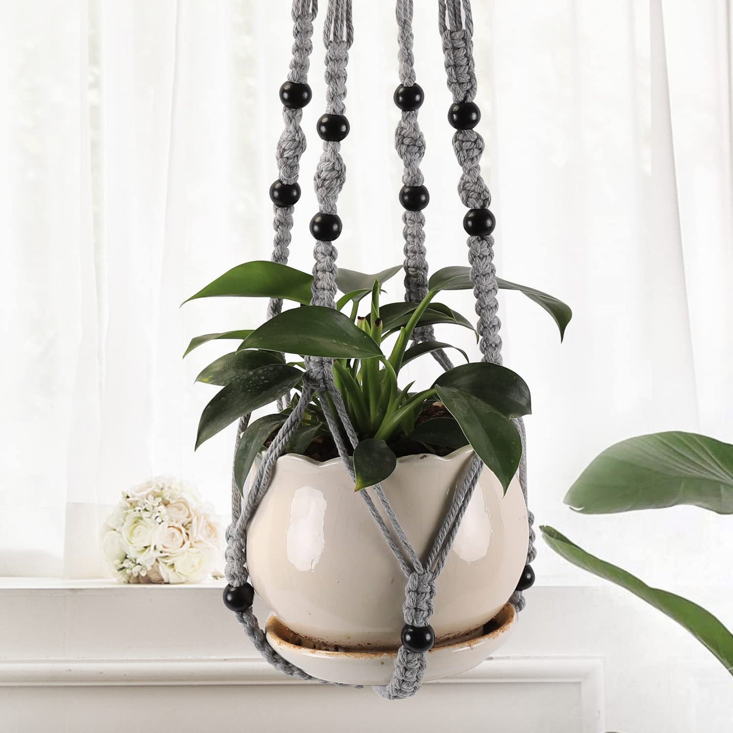 MKO SHUN 3-Pack Macrame Plant Hanger Indoor - Hanging Planter Basket for Indoor Outdoor - Decorative Boho Plant Holders Set with Beads - Ceiling Flower Pot Holder with 6 Hooks - 35"/30"/24" Gray
