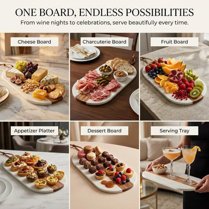 Marble & Acacia Wood Charcuterie Board, Cheese Board, Serving Platter & Appetizer Tray with Leather Strap, Marble Cheese Board for Entertaining, Housewarming Gift, Wedding Gift for Couples