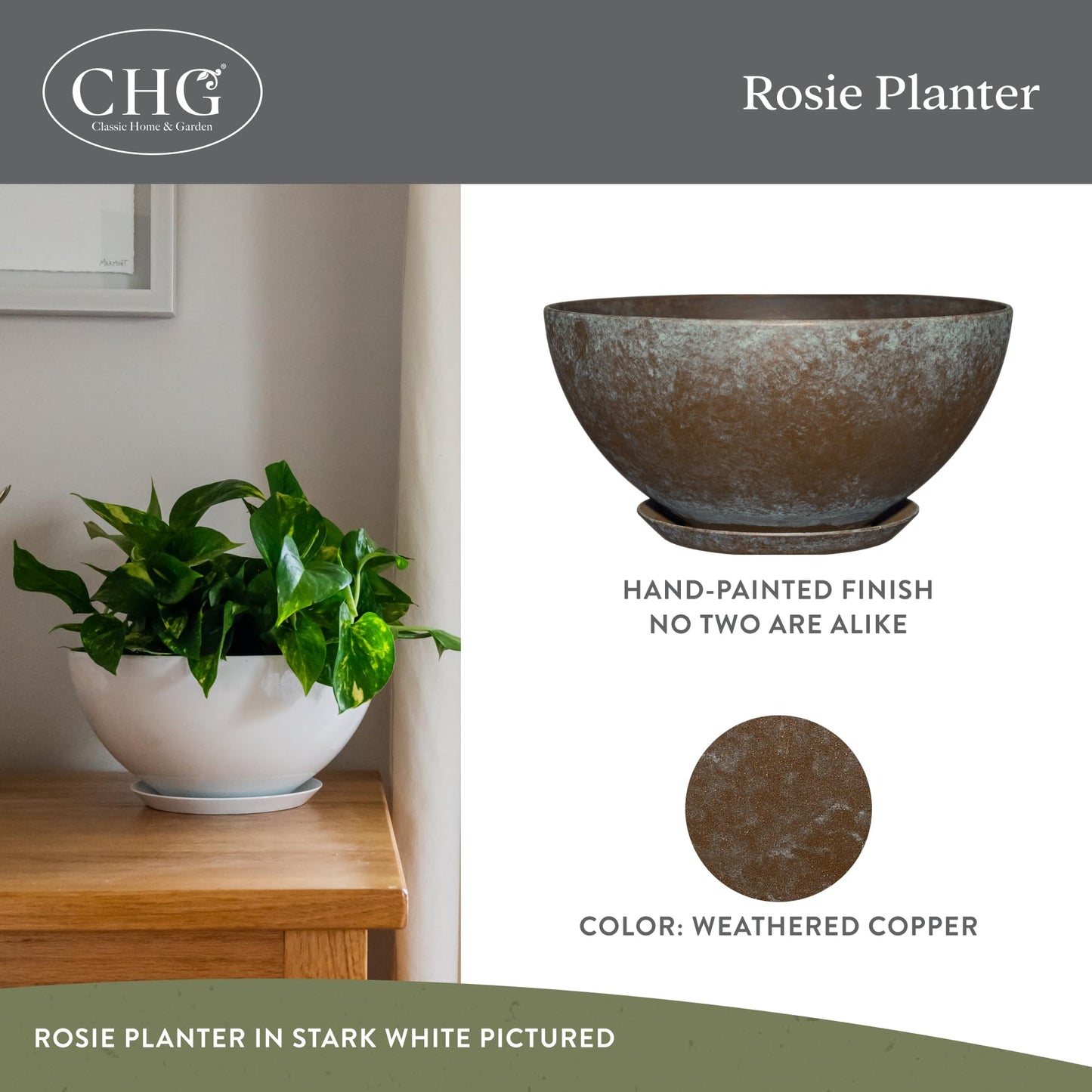 Classic Home and Garden by Growscape Rosie Modern Planter w/Drainage - Contemporary Planter Bowls - Shallow Round Vases for Small Plants - Versatile Indoor & Outdoor Pots (10” Weathered Copper)